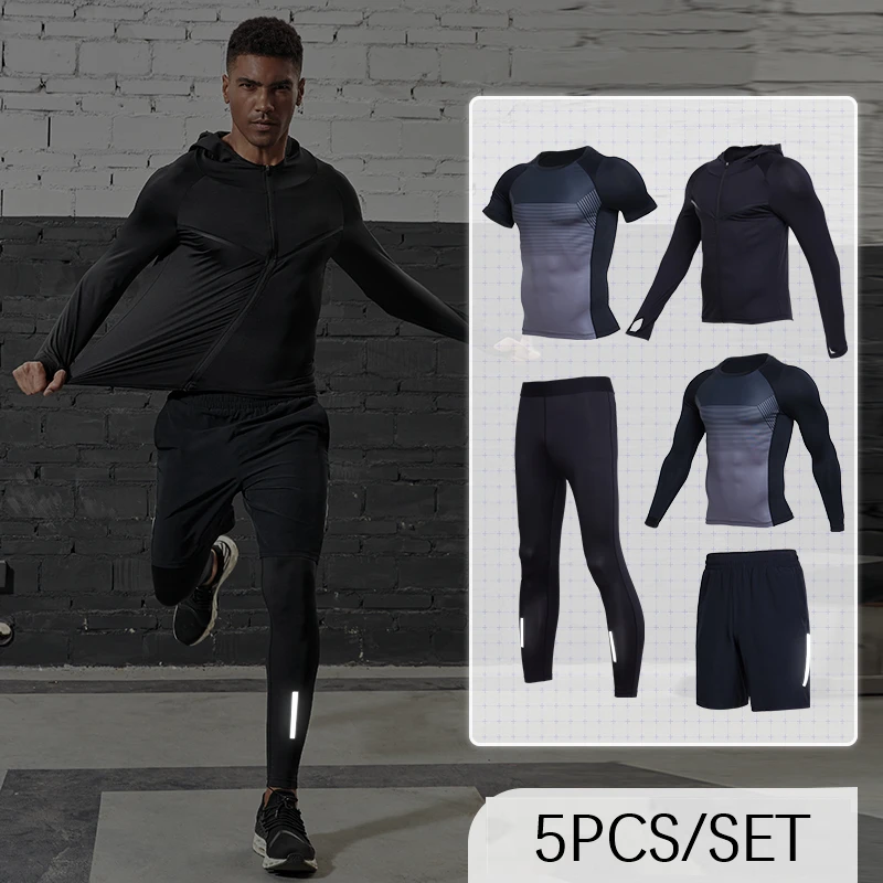 Новинка быстросохнущие мужские комплекты для бега 5 шт. Светоотражающие