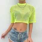 Новый Модный женский сексуальный Летний зеленый прозрачный сетчатый укороченный топ с круглым вырезом, футболка, Клубная одежда, повседневная Свободная рубашка