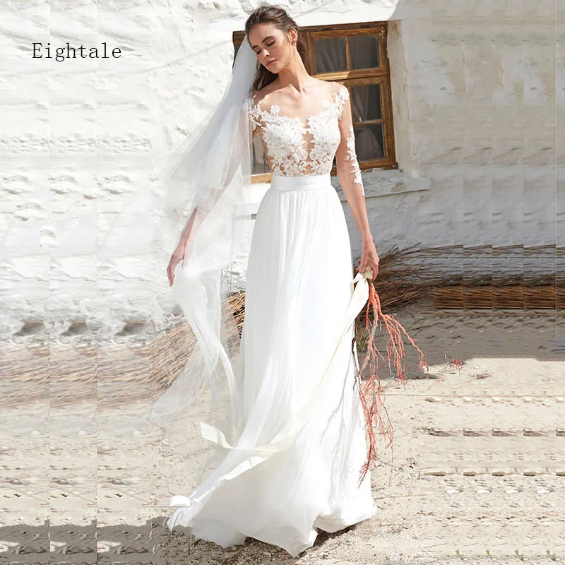 Eightale Boho Wedding dress 2019 Long Sleeve Appliques See Through Top Chiffon Skirt Button Back bridal Gown Beach Wedding Gown tie back button detail cami top with skirt