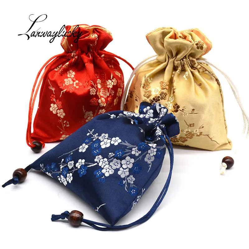 

12x15cm Drawstring Gifts Bags Wedding Christmas Packaging Sack Bag Chinese Style Silk Cloth Small Jewelry Pouches 10pcs/lot
