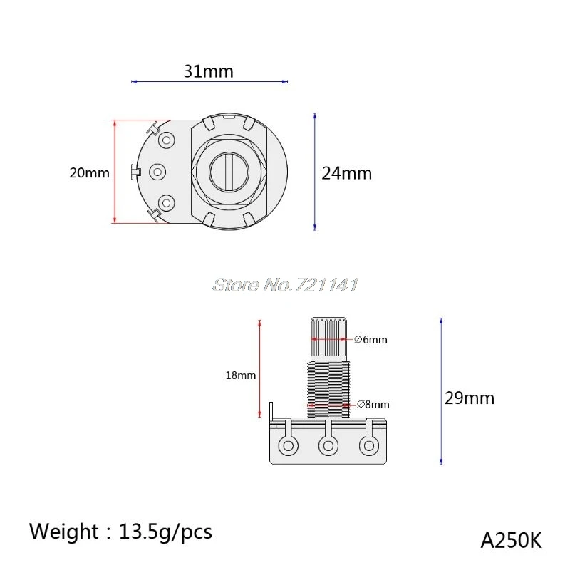 A250K потенциометр для гитары горшок сплит вал L18mm D6mm Alapha Прямая поставка