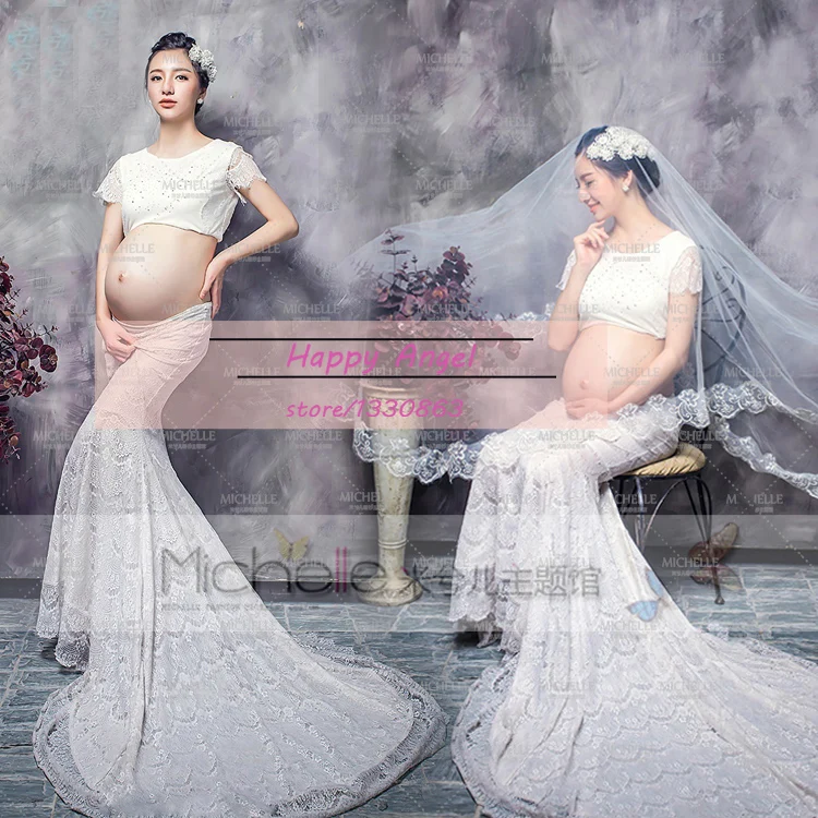 New Maternity Photography Props Pregnant Women Elegant Fancy Dress Pure White Mermaid Set Photo Shoot Baby Shower Free Size