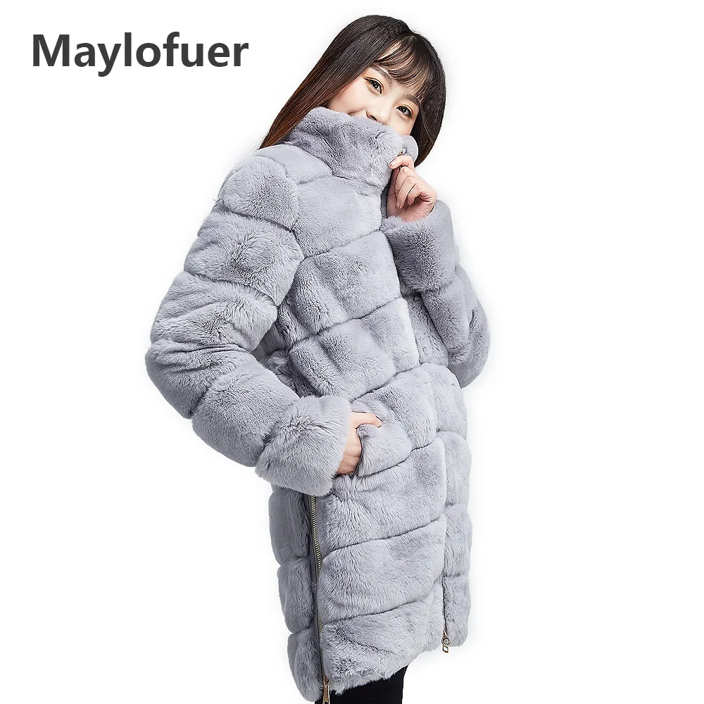 

Куртка Maylofuer 100%, шуба из кролика Рекс, женская, натуральная, одежда из кроличьего меха, с узором в полоску