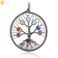 csja new reiki 7 chakra round stone beads pendant for necklace antique copper wire whole wrap tree of life handmade jewelry e268