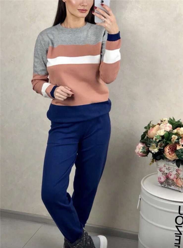 Осенне зимний женский вязаный свитер в полоску разных цветов пуловеры и штаны 2