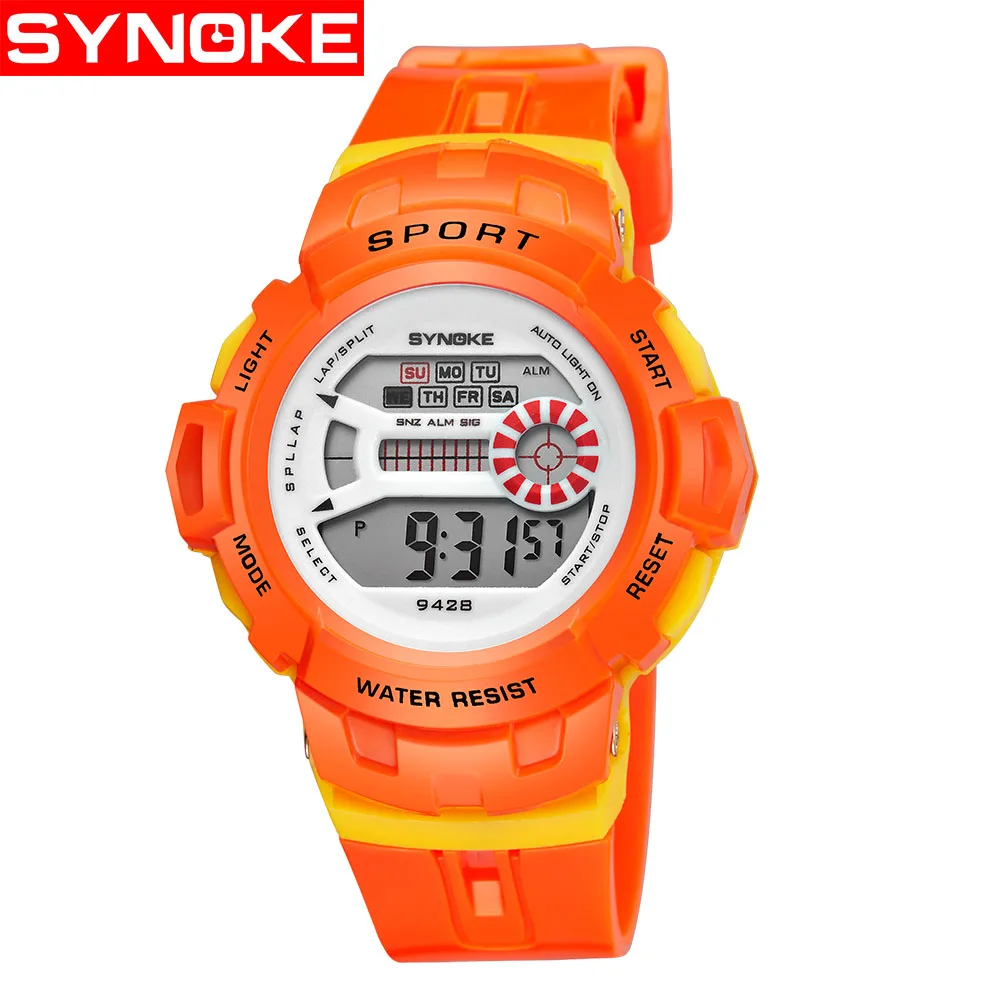Orange SYNOKE детские часы Дети студентов Дата Часы наручные цифровые электронные водонепроницаемые часы для мальчиков девочек подарок - Цвет: Orange