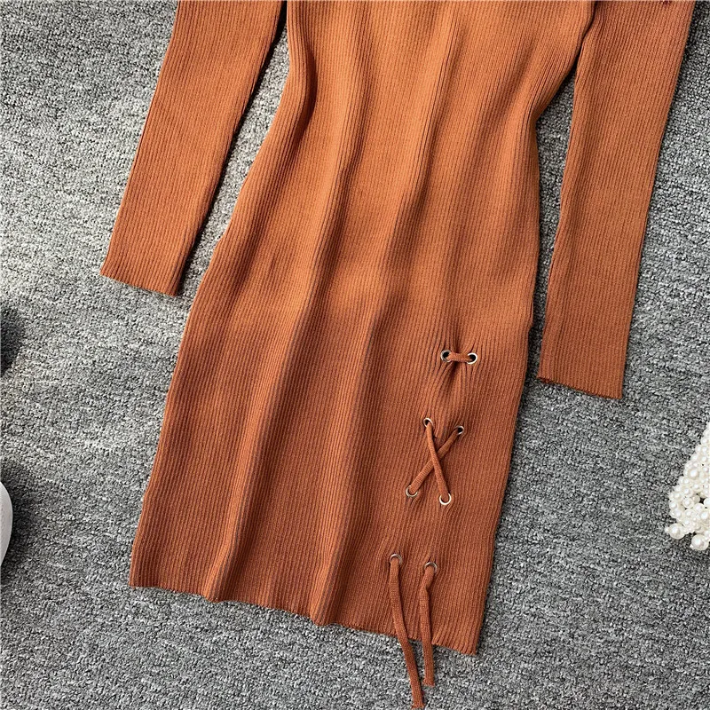 Новая модная тонкая Обувь На Шнуровке на осень и зиму Bodycon вязаный свитер Мини