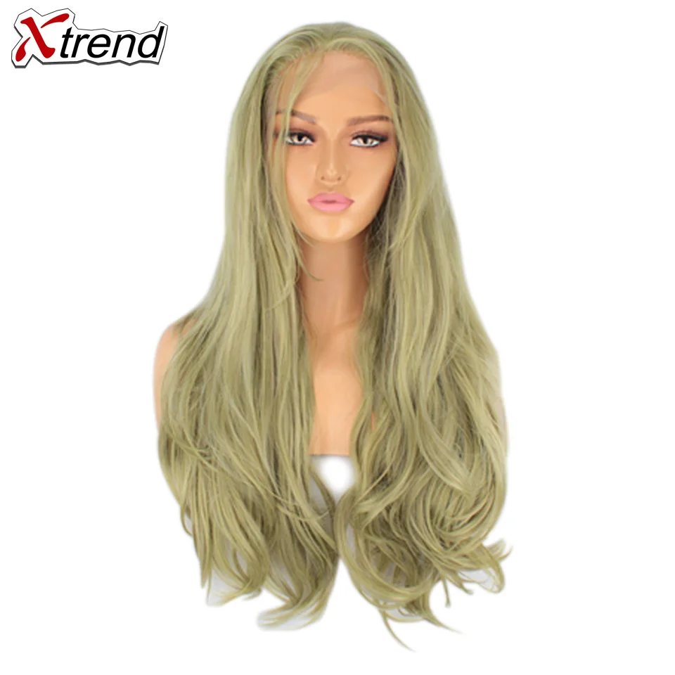 Green Xtrend синтетический парик на кружеве Длинные розовые медные красные фиолетовые оранжевые Зеленые Белые парики для черных женщин волнистые волосы женские Peruca - Цвет: Green
