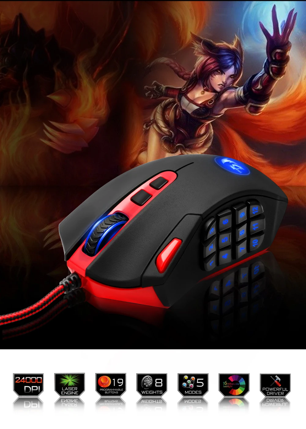 Redragon Perdition M901 Проводная игровая мышь USB 24000 dpi 19 кнопок программируемая игра с подсветкой Эргономичный ноутбук
