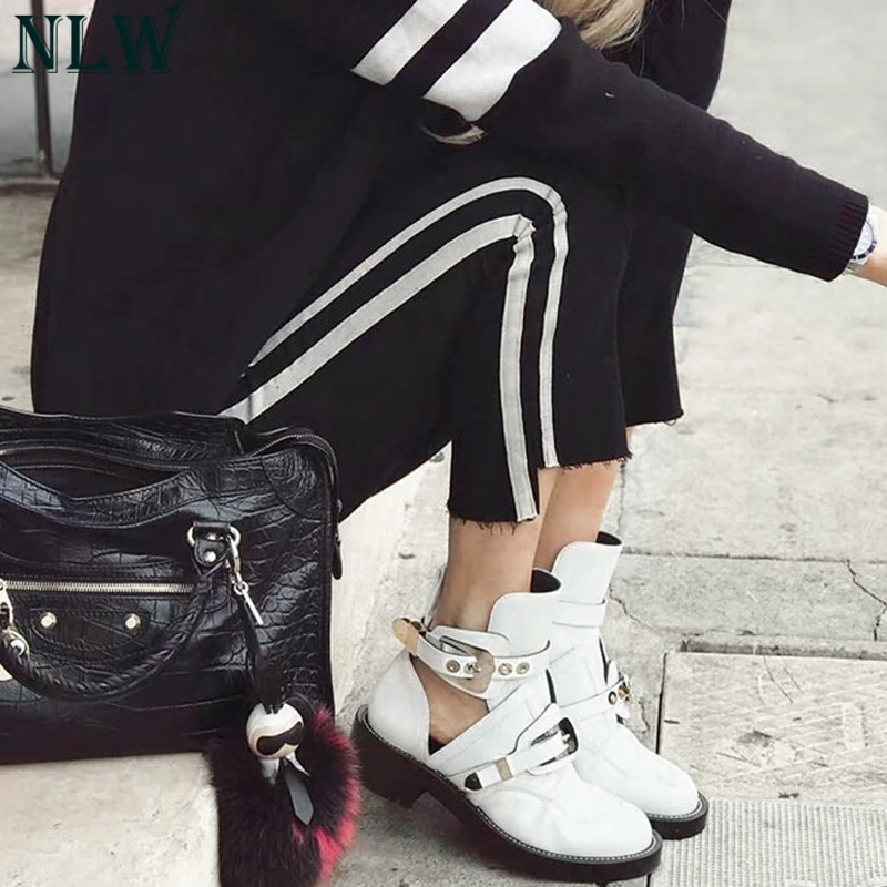 NLW 2018 Модные осенние джинсы брюки Для женщин Высокая Талия сбоку в полоску черные - Фото №1