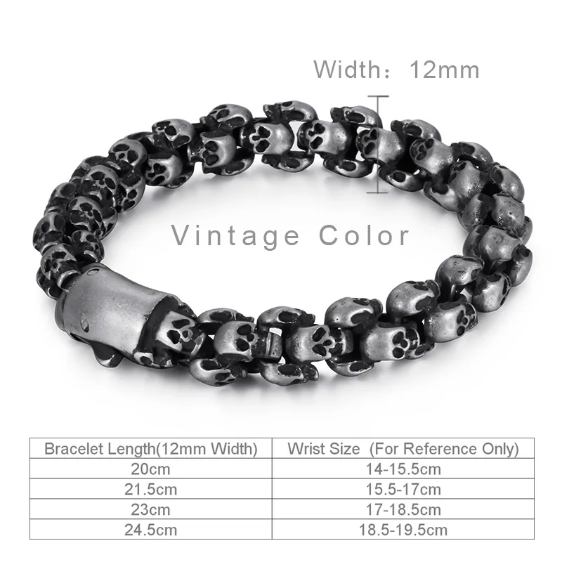 Vintage Color 12mm Fongten Винтаж Череп нержавеющая сталь для мужчин Черное золото ретро пользовательский браслет дружбы Модные аксессуары ювелирные изделия - Окраска металла: Vintage Color 12mm