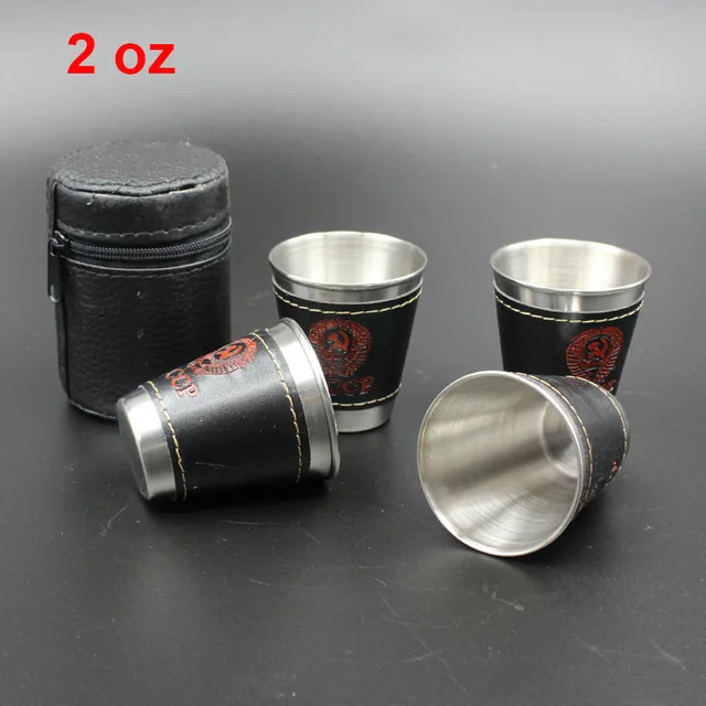 UPORS 4 шт./компл. Нержавеющая сталь выстрел Стекло Портативный 1/2/2,5/6 OZ Вино Кубок с кожаный чехол Мини-карманная фляга стакан для алкогольных напитков осветительных реек - Цвет: 2OZ