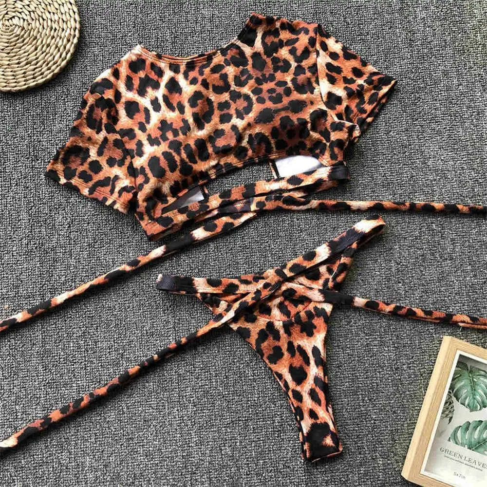 Leopard Сексуальный неоновый зеленый купальник бикини, женский купальник, комплект бикини из двух предметов, с высокой посадкой, купальник с обмоткой вокруг купальника, V1282 - Цвет: Leopard