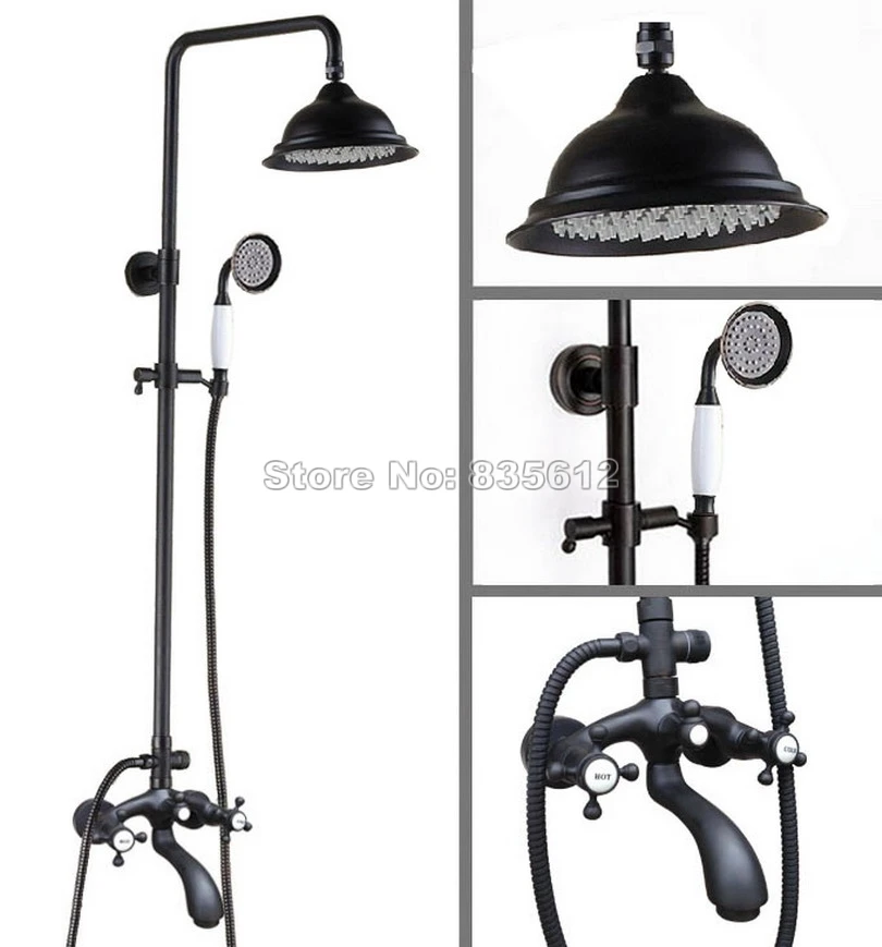 

Black Oil Rubbed Bronze Wall Mounted Dual Handles Bathroom Rain Shower Faucet Set with Hold Shower Bath Tub Mixer Tap Whg114