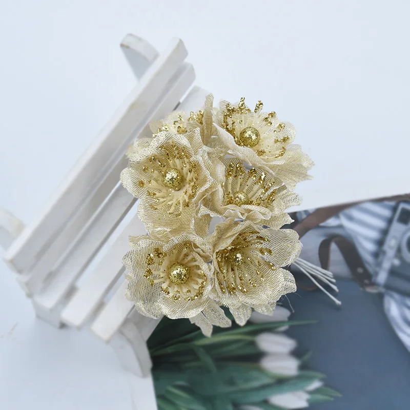 Style 3 gold 6 шт., искусственные растения для рождественского венка, украшения для дома, свадебные, сделай сам, подарки, искусственные тычинки для скрапбукинга, шелковые цветы, букет - Цвет: Style 3 gold