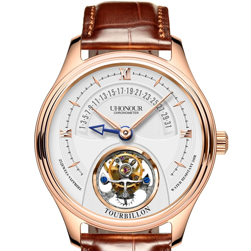 Rose Gold Dial Brown Топ Tourbillon Move Мужские механические наручные часы с светящимся календарем из крокодиловой кожи мужские часы Tourbillon Montre Homme - Color: Rose Gold Dial Brown