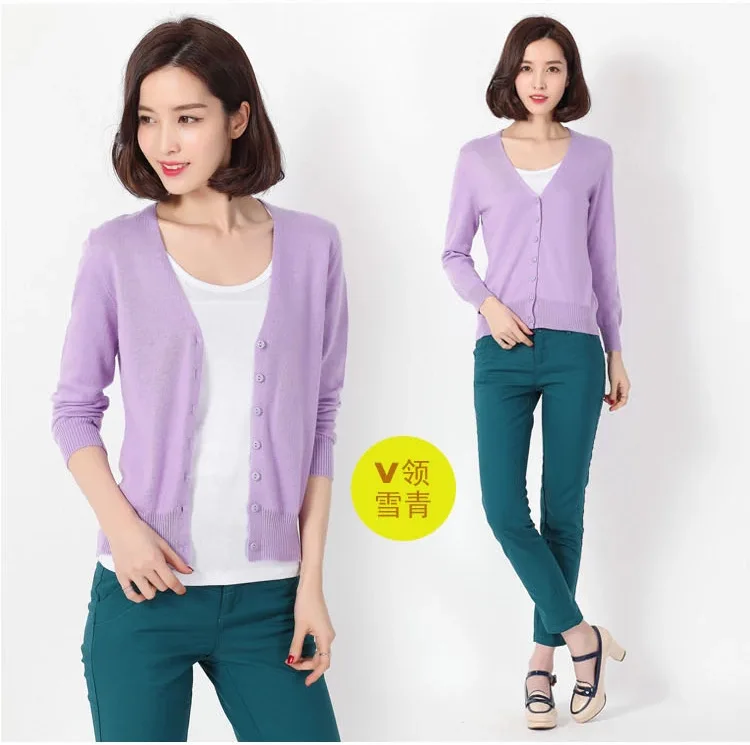 Lilac colour Женские укороченные кардиганы весна осень кашемировый свитер v-образный вырез кардиган куртка с длинным рукавом пальто женские вязаные свитера - Цвет: Lilac colour