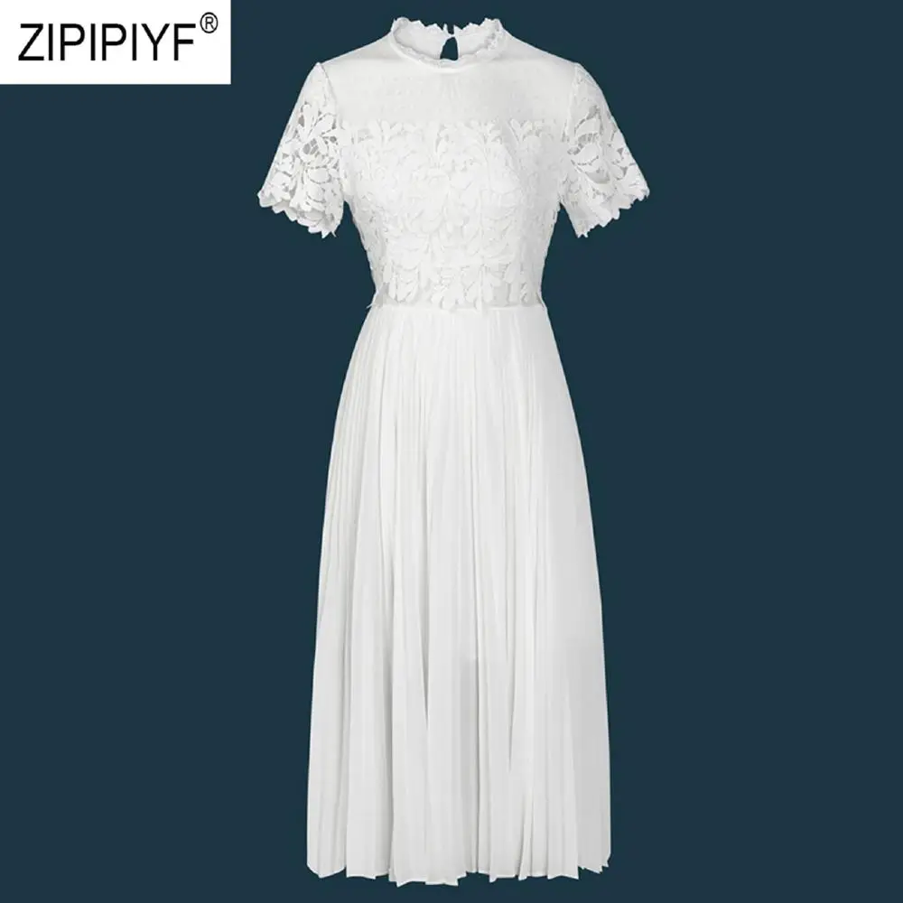 

Lace Mesh Patchwork Chiffon Dress 2019 Summer New Temperament OL Super Fairy Patchwork Hollow-out Pleated Dress C1699
