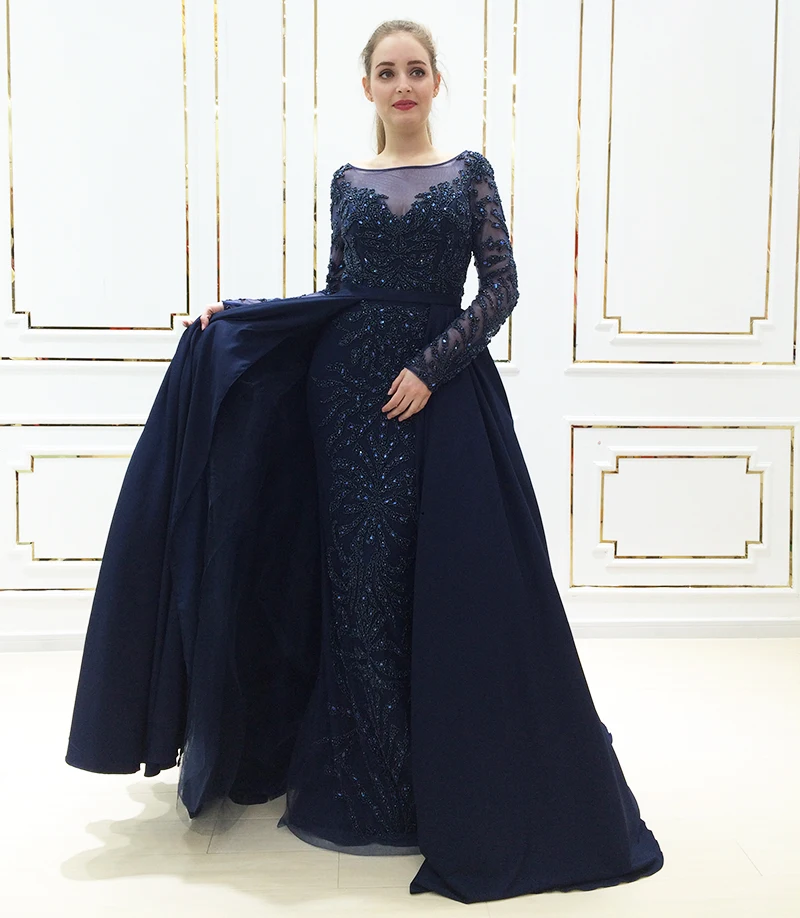 Настоящее фото халат De Soiree с длинными рукавами роскошное вечернее платье Marmaid бусины Кристалл женщин Арабский формальное платье для выпускного вечера