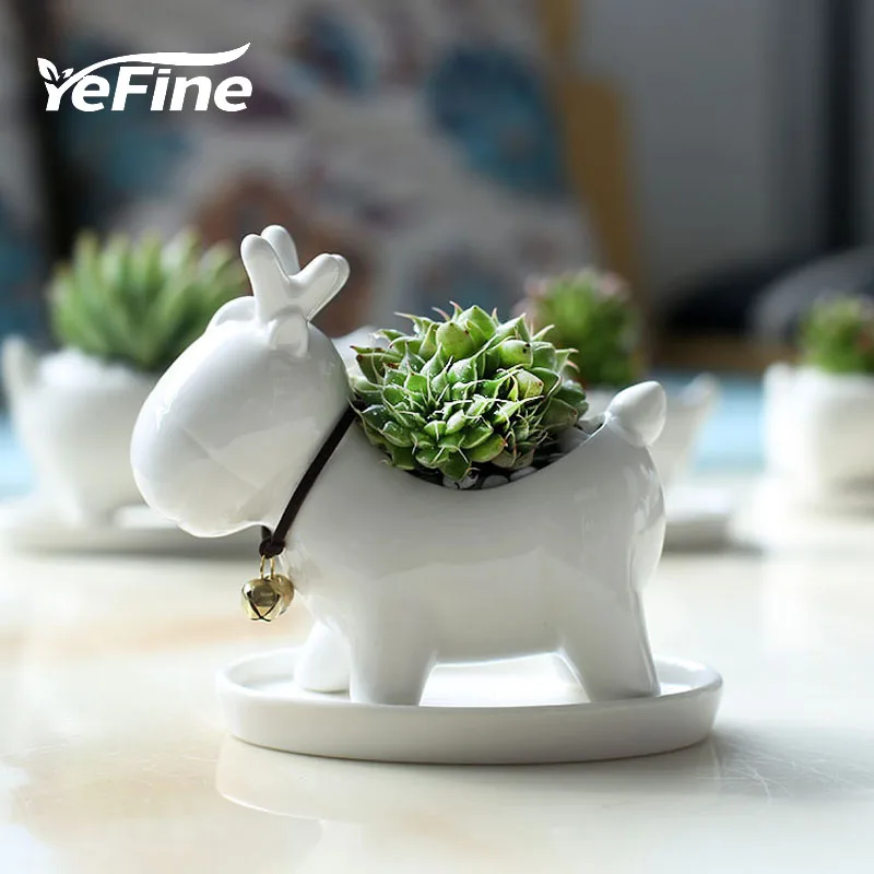 YeFine белый фарфор цветочный горшок мультфильм бонсай кашпо керамический с лотком