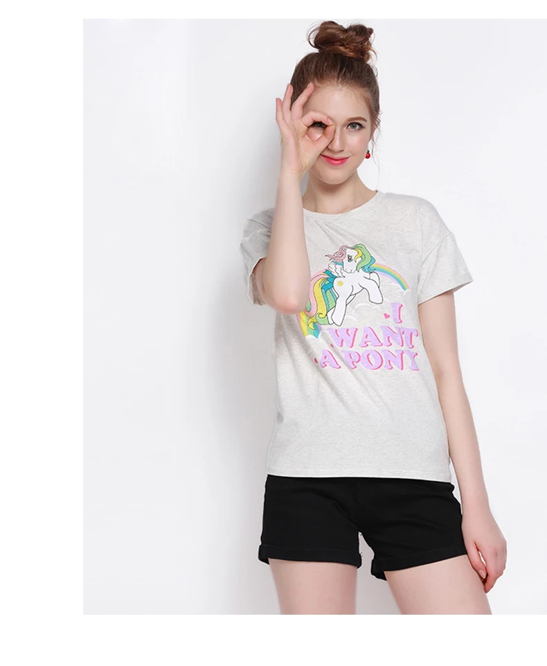 2016 Сладкий Лето T Shirt Женщины Топы Симпатичные Единорог Отпечатано Я Хочу Пони