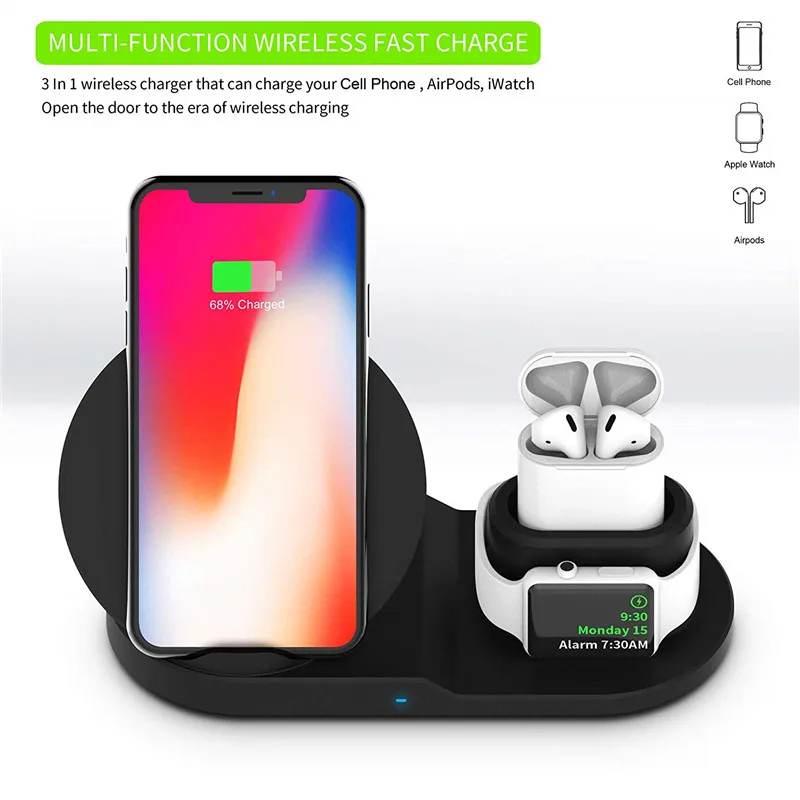 3 в 1 Беспроводная подставка для зарядного устройства для iPhone X Max XR iWatch 3 4 AirPod 10 Вт Qi быстрый беспроводной зарядный блок для samsung Galaxy S10