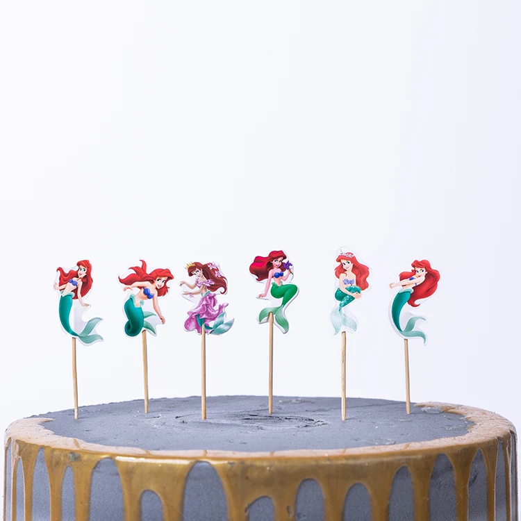 

24pcs/pack Mermaid Theme Happy Birthday Party Cake Topper Kids Favors Decorate Cupcake Toppers With Sticks Baby Shower Supplies