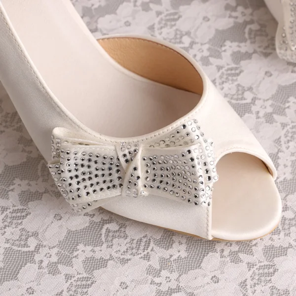 

Bow Bridal Shoes Ivory High Heel Open Toe Pumps Custom Handmade