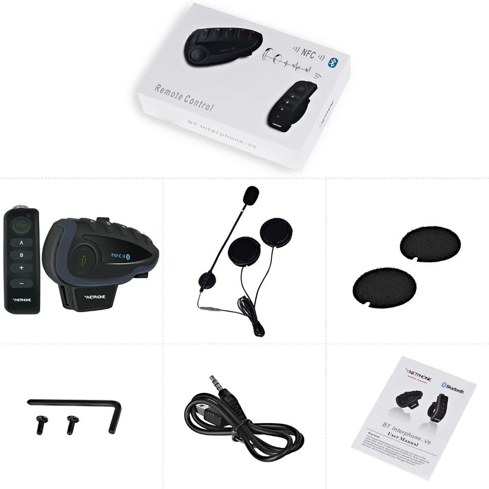 

2pcs Vnetphone V8 Motorcycle Helmet Intercom NFC Remote Control Bluetooth Interphone Headset 5 Rider 1200M Full duplex talking
