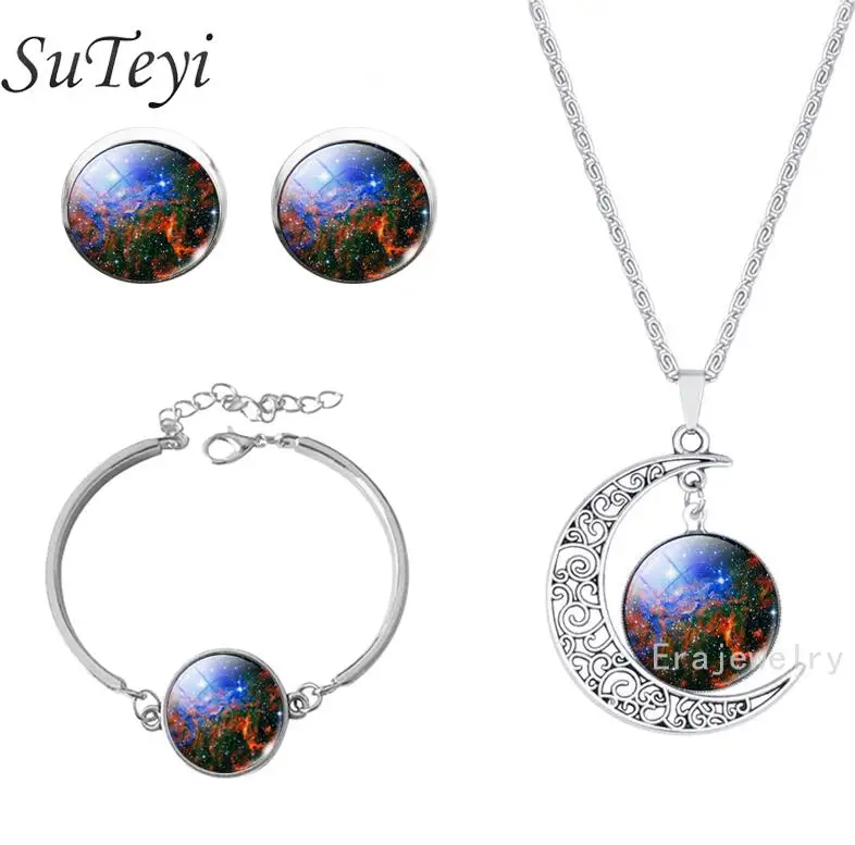 SM49 SUTEYI Star Галактическая Туманность цепочки и ожерелья комплект талисманы книги по искусству изображение кристалл серьги-гвоздики с подвеской s браслет наборы для - Окраска металла: SM49
