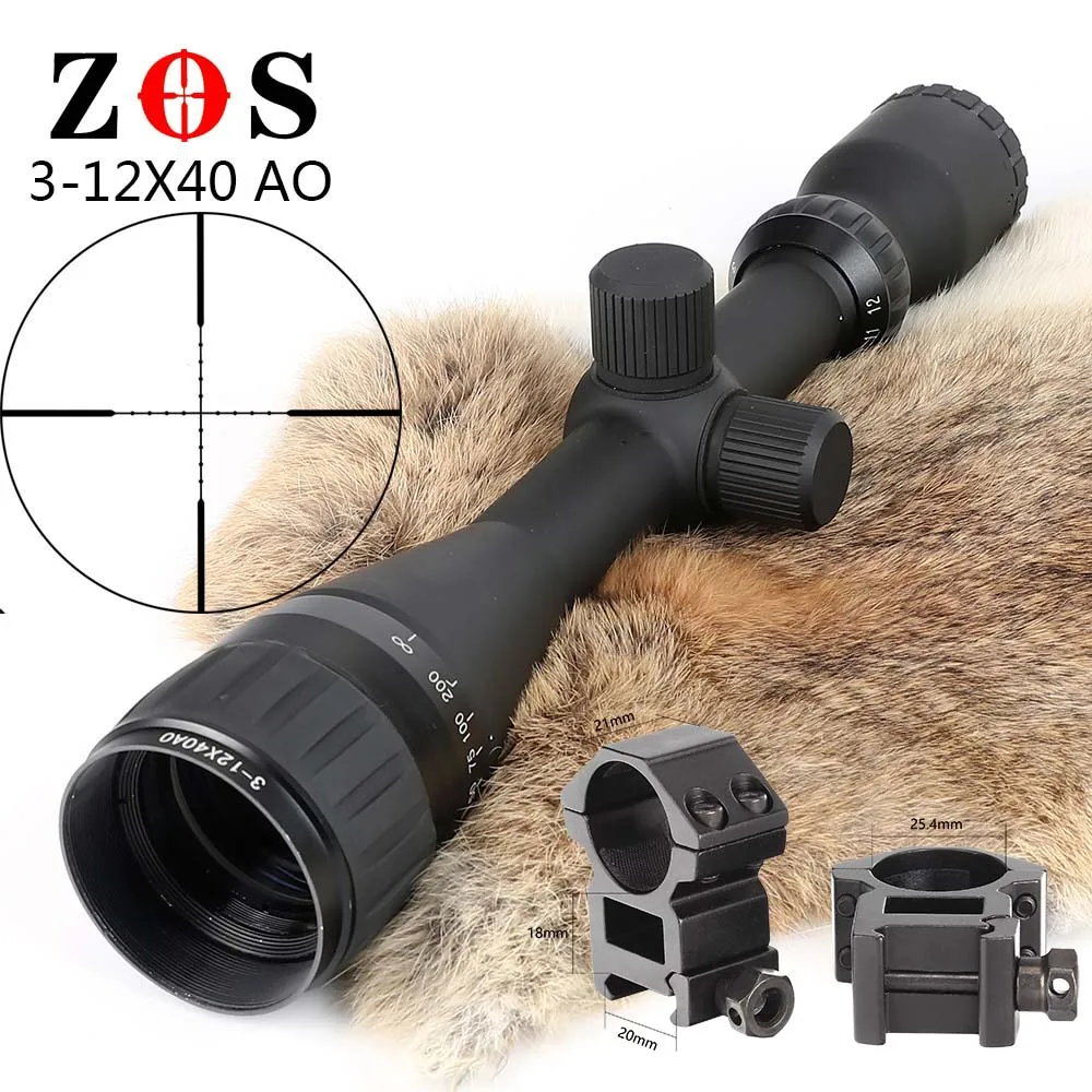 with Picatinny Rings ZOS 3-12x40 AO Mil точечный прицел Классический тактический оптический прицел для охотничьей винтовки с крышкой объектива - Цвет: with Picatinny Rings