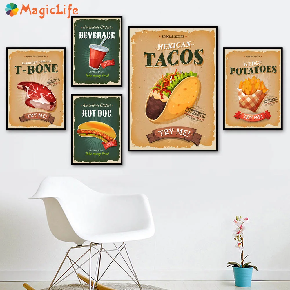 

American Classic Hot Dog T-bone Try Me Snack Bar Wall Art Canvas Painting Nordic Poster For Kitchen Decorative Pictures Unframed