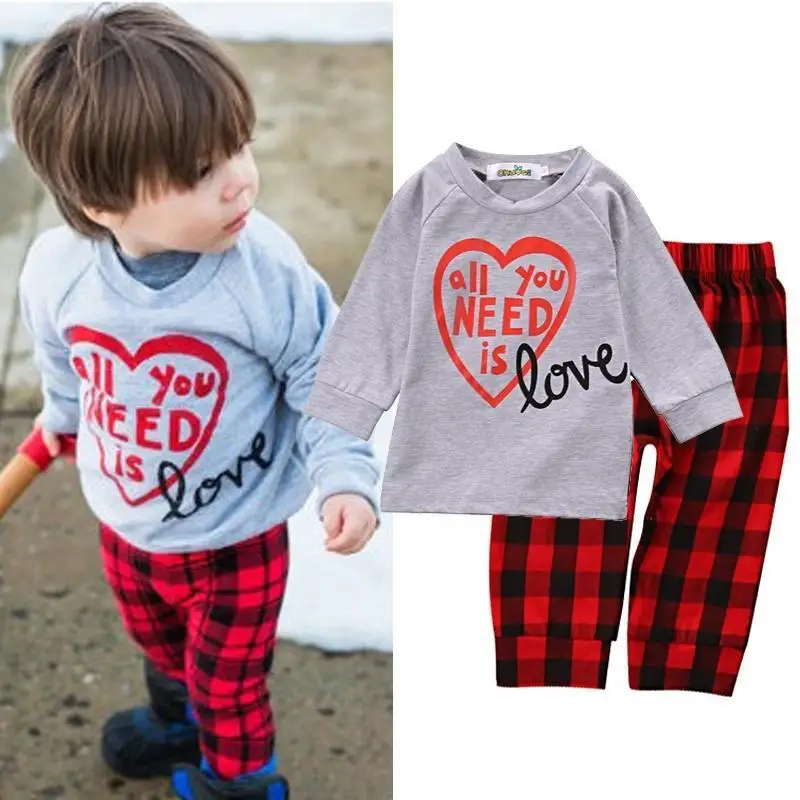 Fashion Pants Baby Boy Kids Clothes T-shirt+plaid Trousers 2pcs Outfits Set 1-6Y Clothing | Детская одежда и обувь