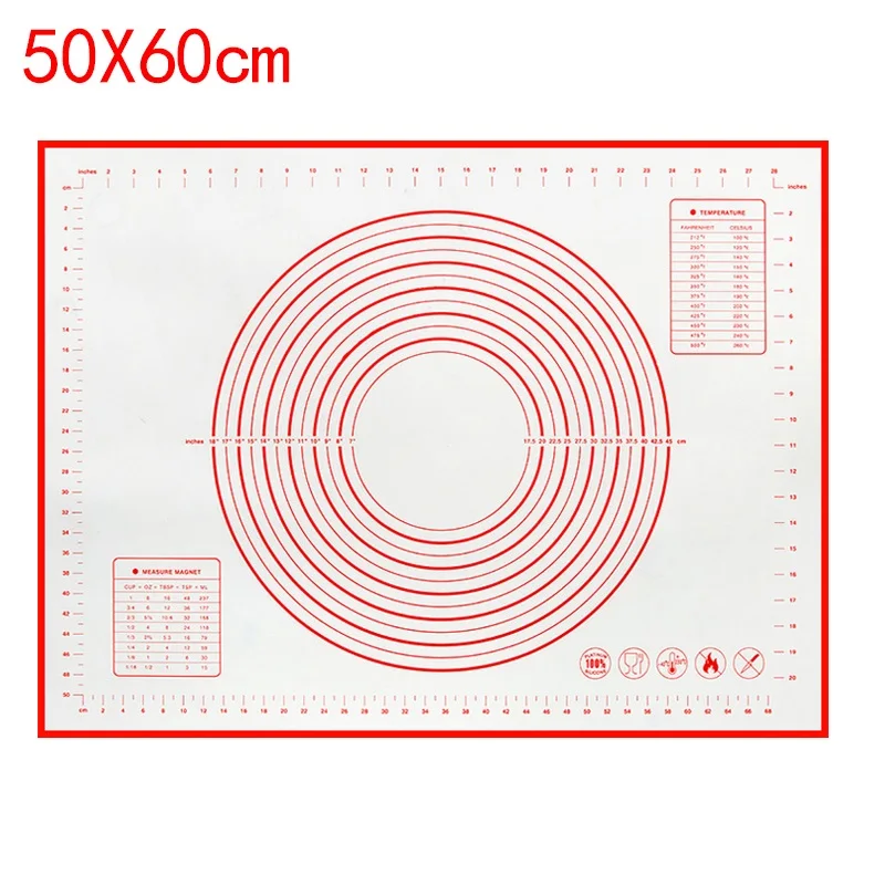50x60cm red Многоразмерный антипригарный силиконовый коврик для выпечки со шкалой прокатки теста коврик для замеса коврик для кухни для приготовления теста лист для духовки - Цвет: 50x60cm red