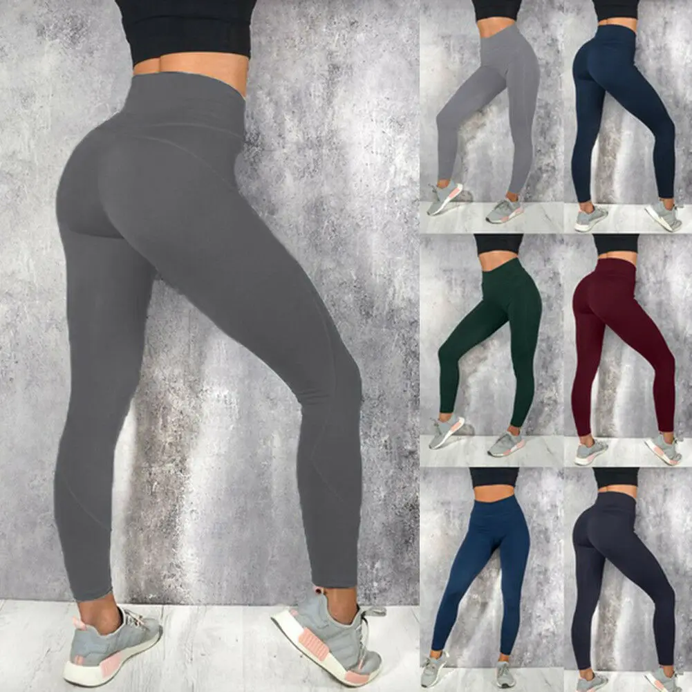 Для женщин Soild Цвет Спорт Леггинсы с высокой талией Push Up Леггинсы для йоги тренажерный зал упражнения облегающие штаны для бега бег