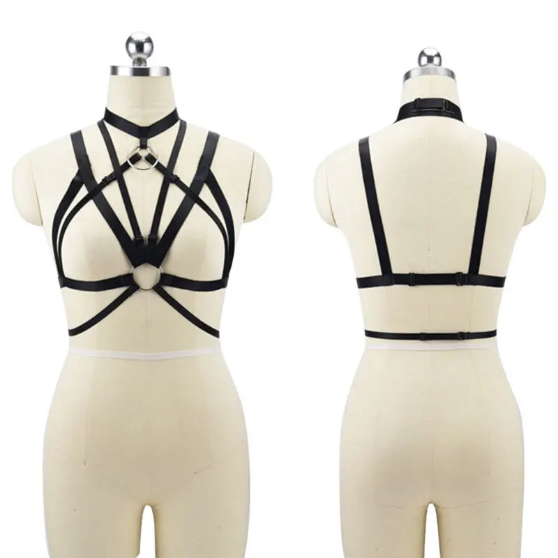 

Black Hollow Bra Women Crop Top Adjust Bra Sexy Body Stocking Goth Harajuku Belt