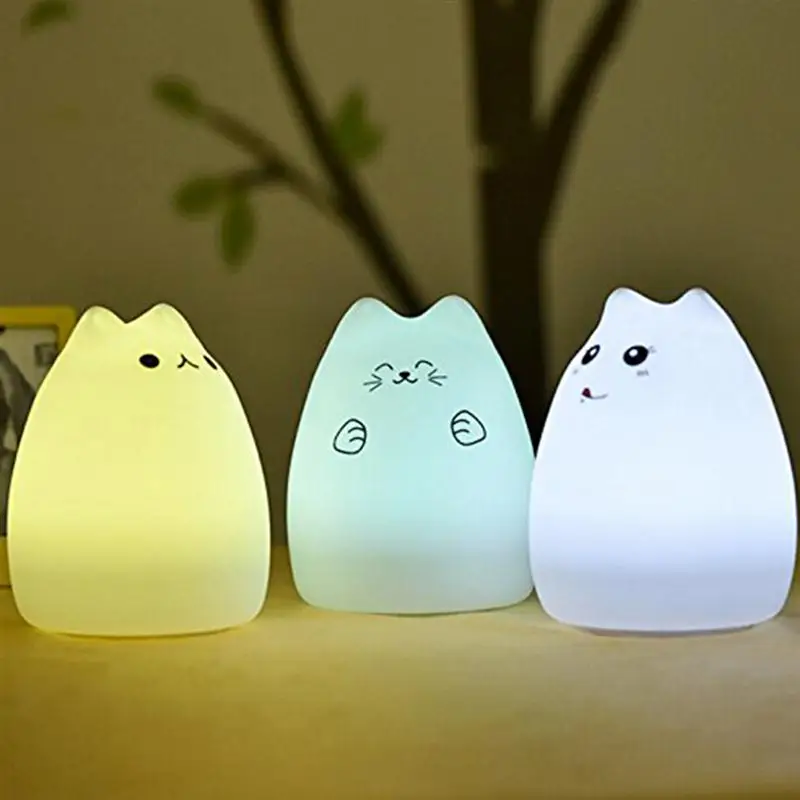 ВОДИТЬ Детей Ночь Свет Дети Силиконовые CAT лампа 7-Цвет мигает USB Перезаряжаемые