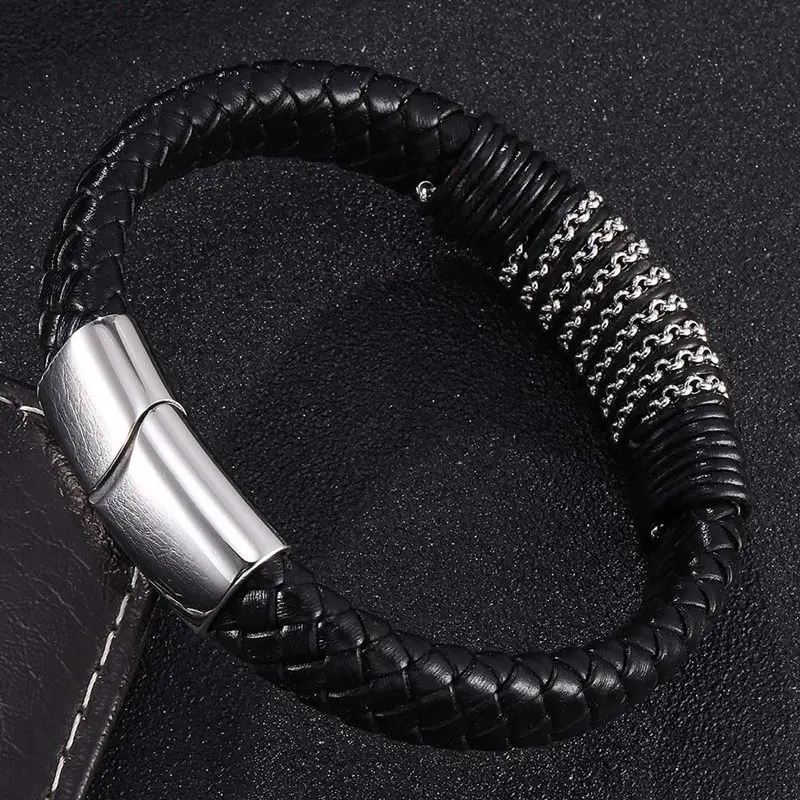 Кожаный браслет для мужчин Ювелирные изделия Стальная застежка Смешанная косичка из веревки Трендовый дизайн Браслет BB0399