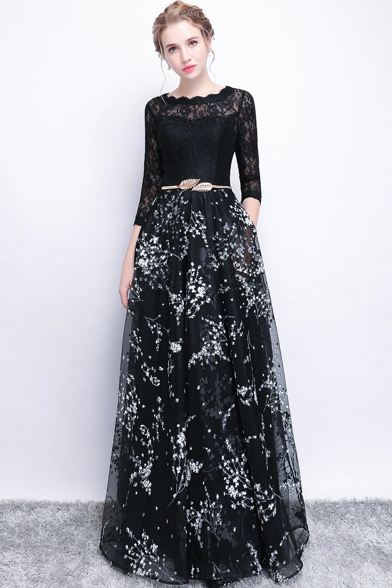 SSYFashion, новинка, платье для банкета, выпускного вечера, невесты, простое, черное, кружевное, сшитое, с 3/4 рукавами, длинное, вечернее, вечернее платье, Robe De Soiree