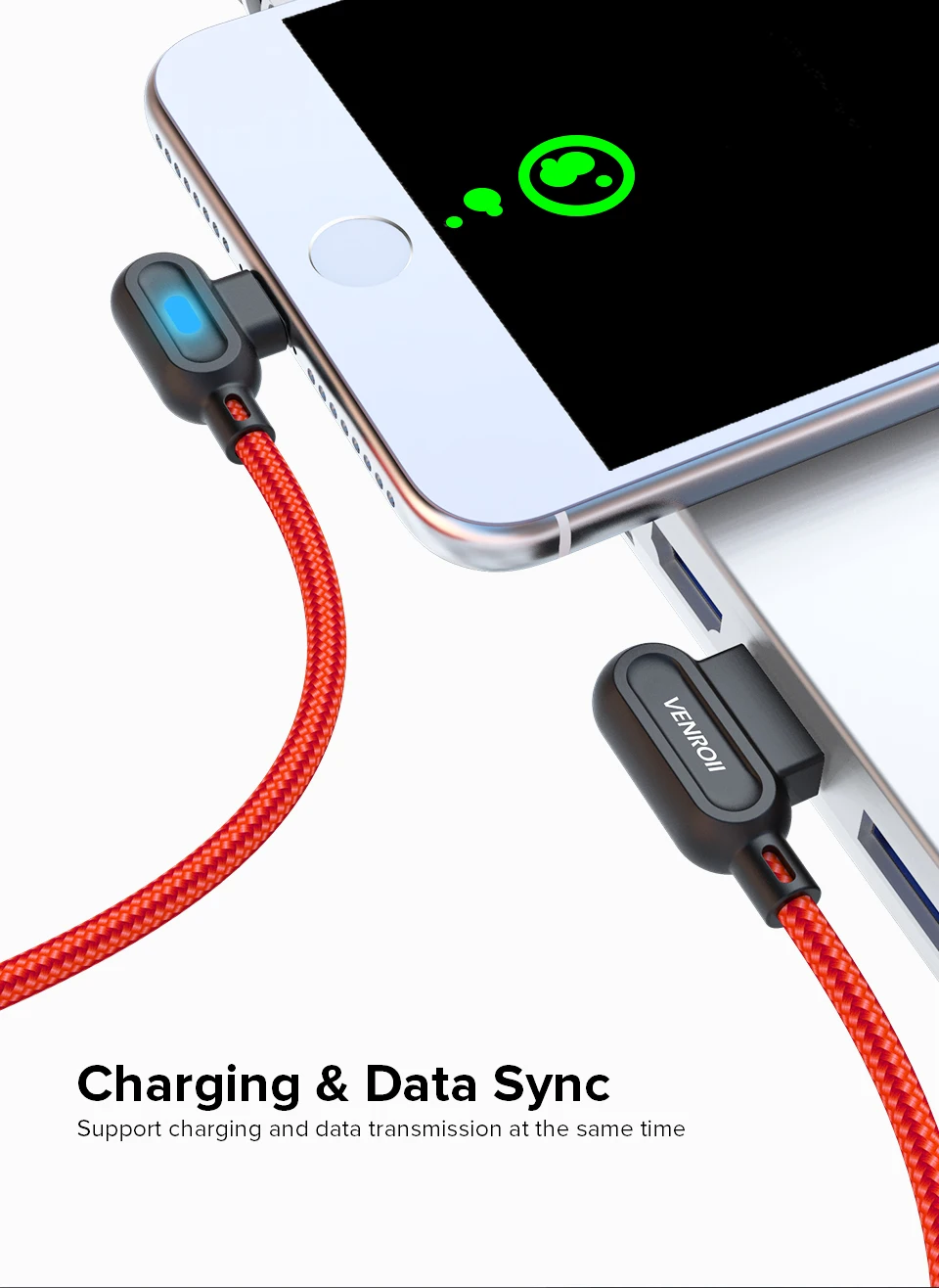 Venroii кабель usb type C 1 м светодиодный кабель для быстрой зарядки и синхронизации данных для samsung huawei Xiaomi 90 градусов Android мобильный телефон игры Kable