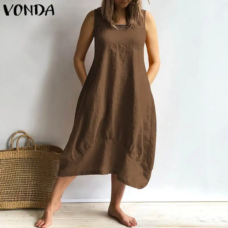 VONDA женское платье летнее сексуальное хлопковое платье без рукавов с квадратным вырезом винтажный сарафан свободного покроя размера плюс Vestidos