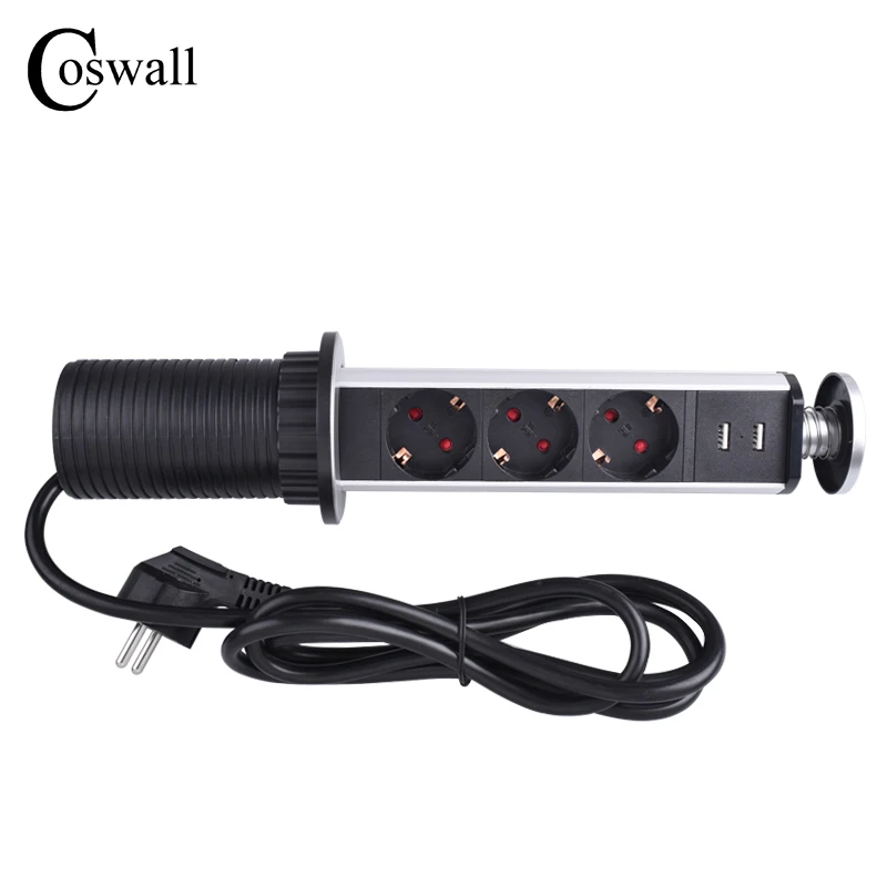 Выдвижная розетка COSWALL 3 розетки 2 USB  синяя подсветка