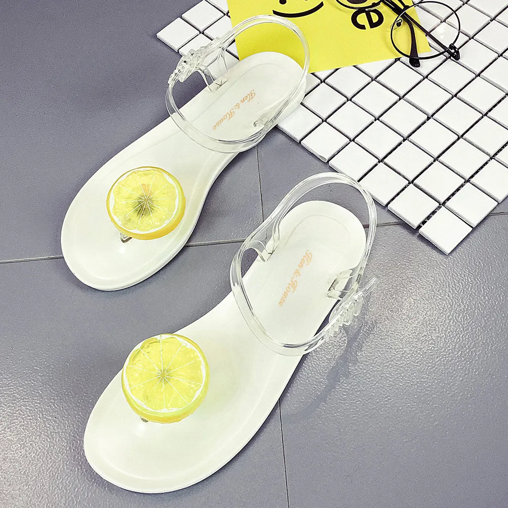 Women's sandals Fashion chaussures femme Transparent Strap sandals women Lemon Pattern Flat Sandals Beach Shoes Slides terlik