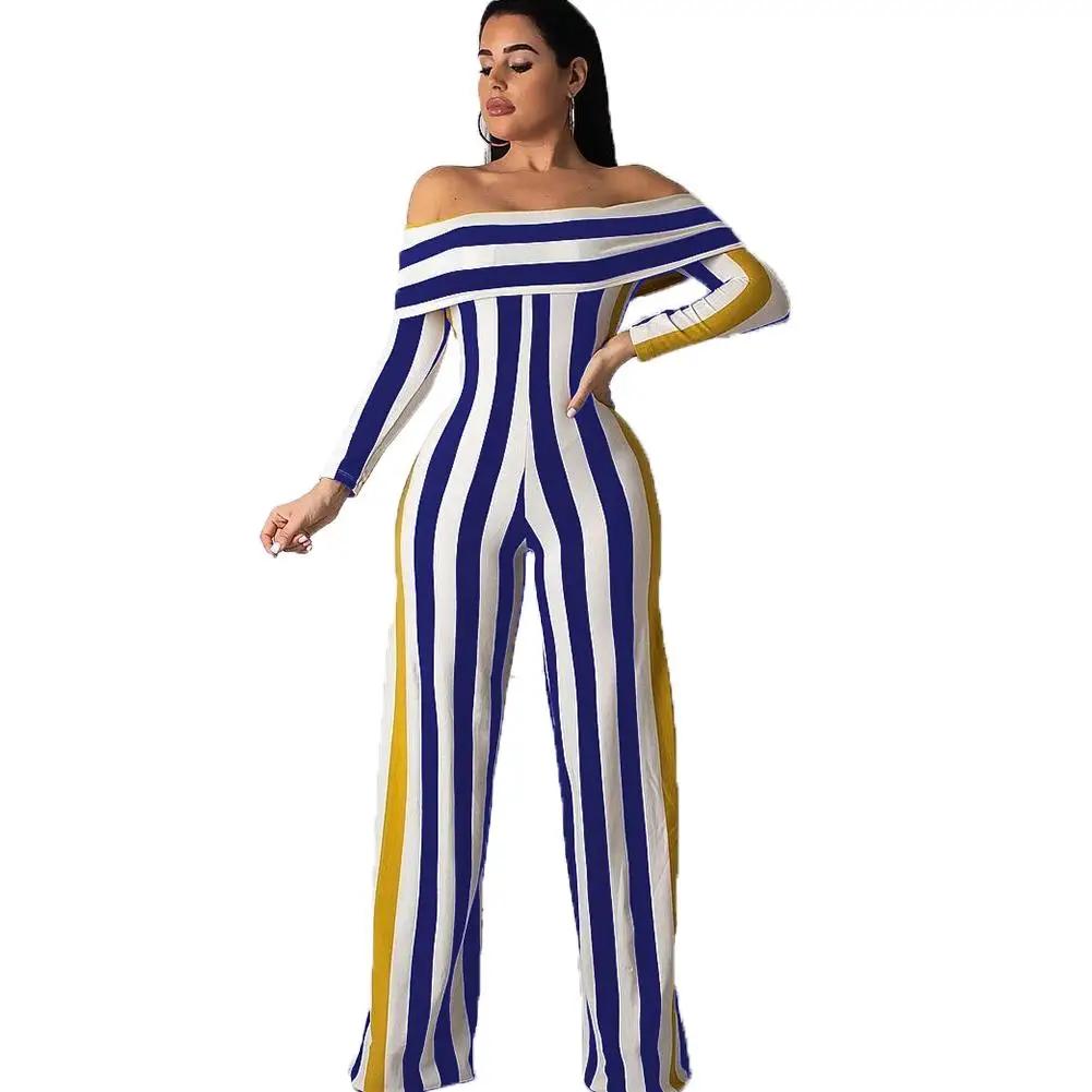Элегантные полосатые с открытыми плечами длинным рукавом женские комбинезон на