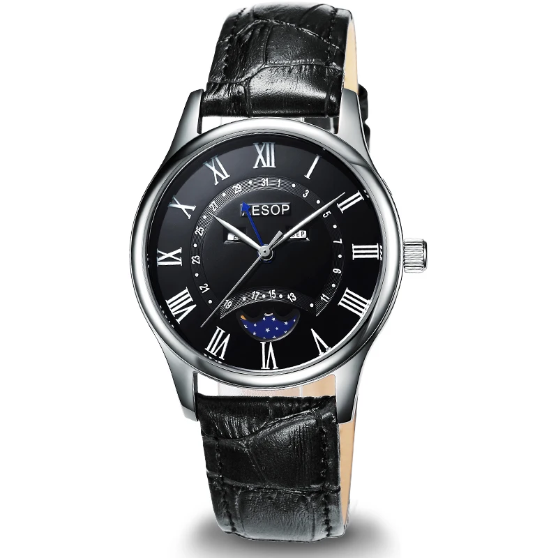 leather black Новинка AESOP часы для мужчин сапфировое стекло кварцевые наручные часы Moon Phase Кожа Мужские часы Relogio Masculino Hodinky reloj hombr - Цвет: leather black