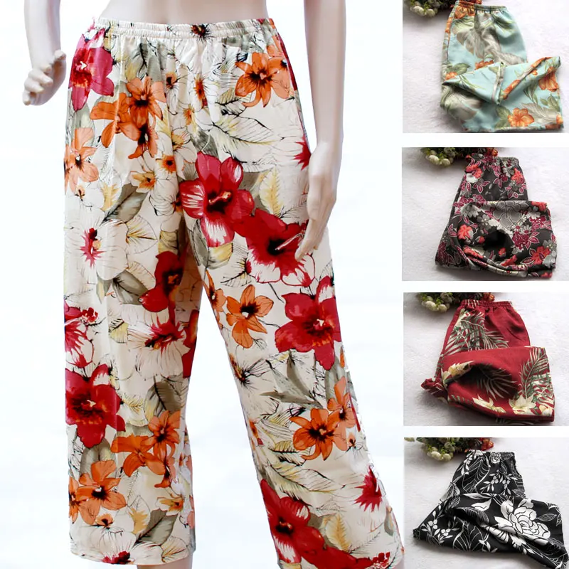 

Heavy silk ankle length trousers print vintage plus size straight home female summer casual pants