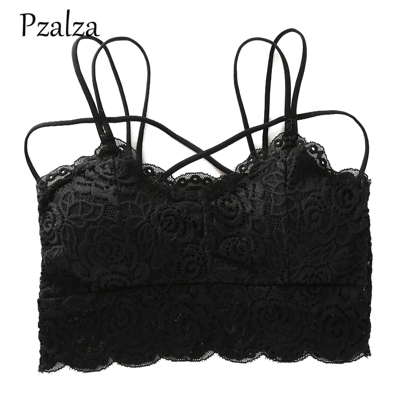 Спереди крест ремни сексуальные Bralette женские безрукавки кружевной топ без