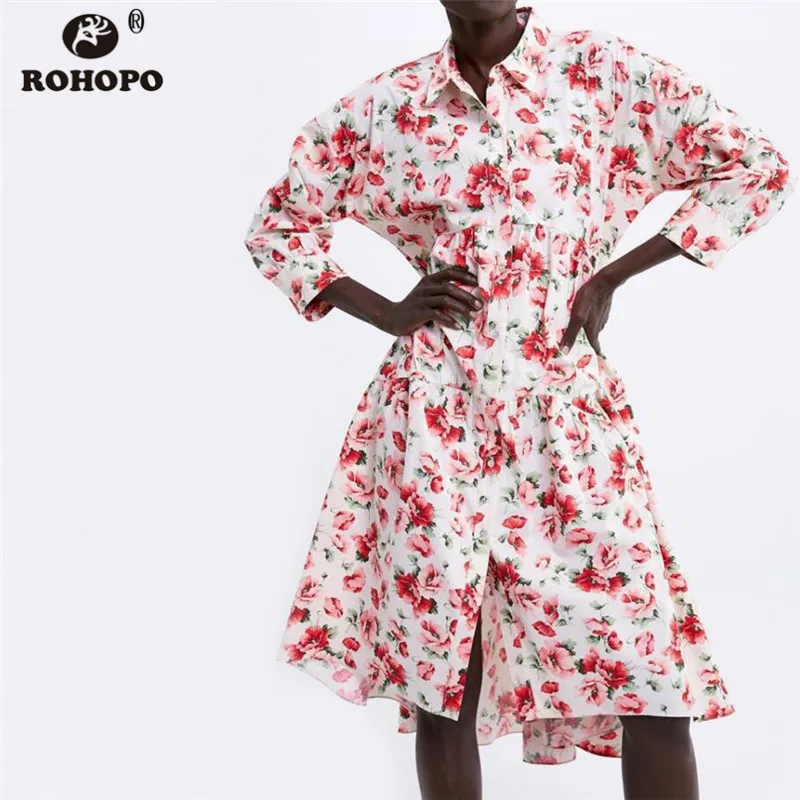 Женское платье средней длины с цветочным принтом ROHOPO плиссированное длинными