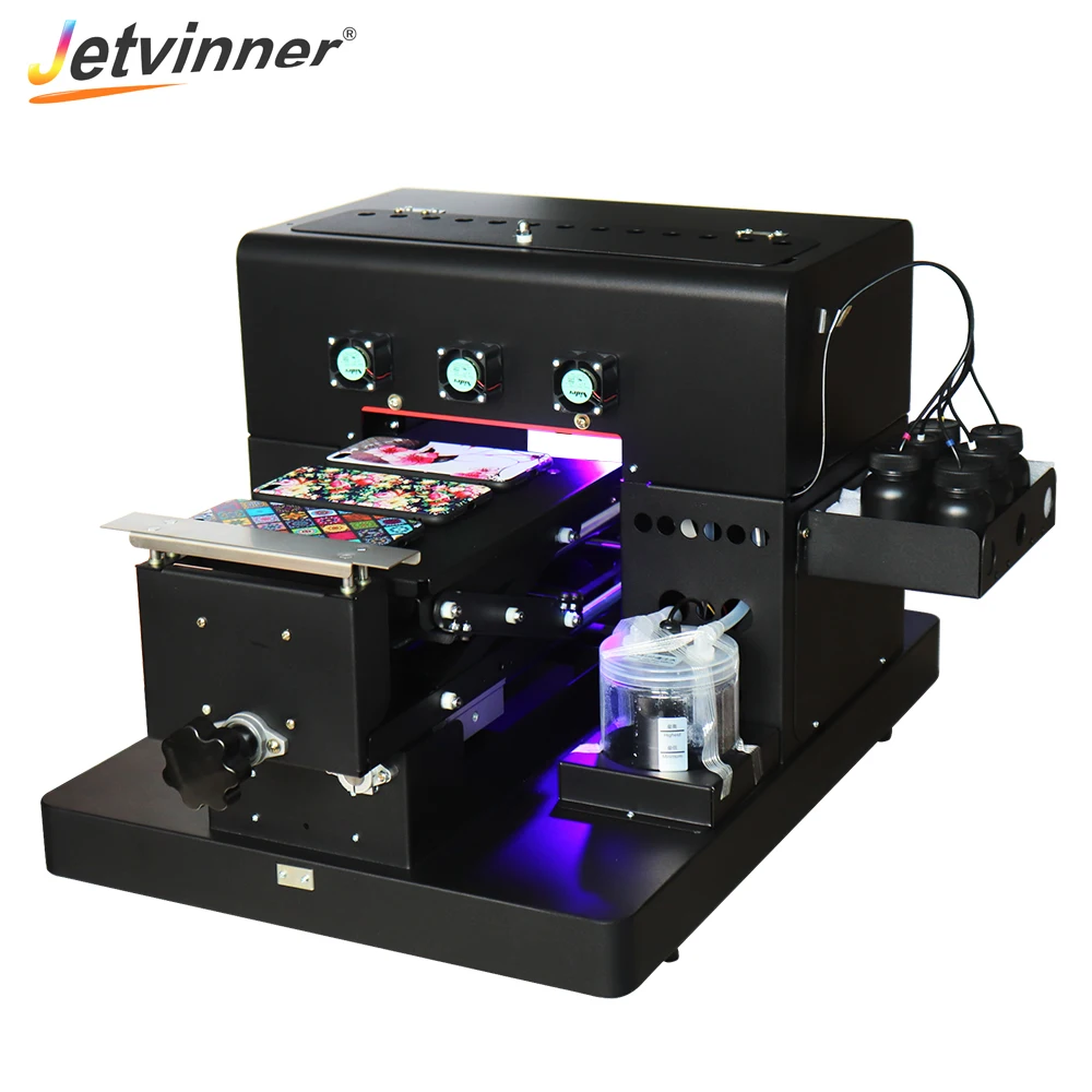 

Jetvinner A4 size UV Printer LED Flatbed Printers with one extra print head for Phone Case, Golf, Acrylic, leather, TPU, metal