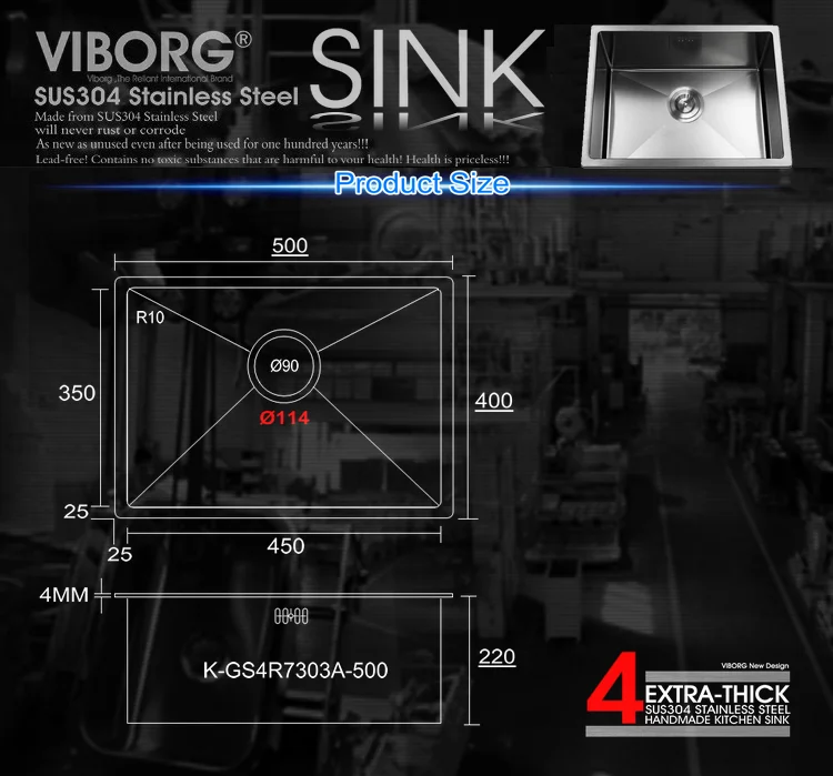 500x400x220 мм) VIBORG Делюкс ручная работа сверхтолстая 304 нержавеющая сталь подстежка одинарная чаша кухонная раковина